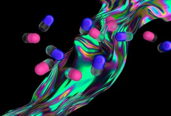 Poster - Dynamic 3D illustration with pink and blue capsules floating above an iridescent, fluid wave, set against a dark background, creating a surreal and futuristic vibe.