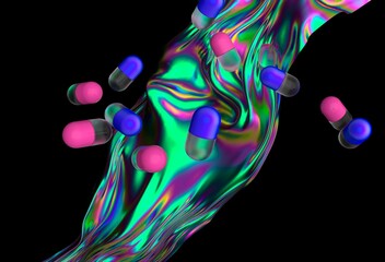 Aufkleber - Dynamic 3D illustration with pink and blue capsules floating above an iridescent, fluid wave, set against a dark background, creating a surreal and futuristic vibe.