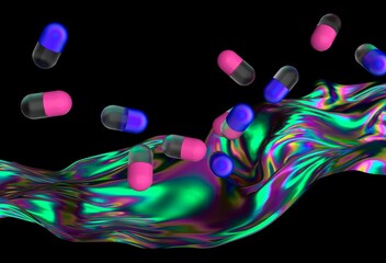 Poster - Vibrant 3D illustration featuring floating pink and blue capsules over a dynamic, iridescent wave against a dark background, creating a futuristic and surreal atmosphere.