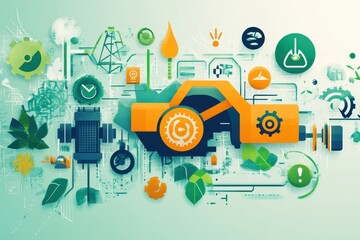 Poster - Creative background showcasing a powerful engine with petrol symbols and vibrant green renewable energy icons in a colorful contrast