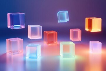 Poster - Futuristic minimalistic design with colorful 3D cubes floating in soft reflections and vibrant neon gradients at a serene backdrop
