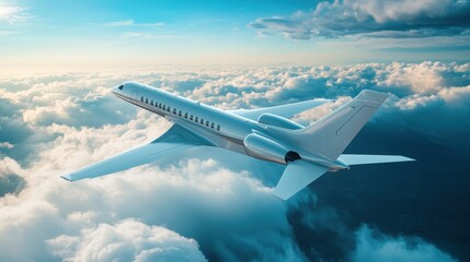 Poster - Commercial airplane cruising through vibrant blue sky with fluffy clouds showcasing modern travel aspirations