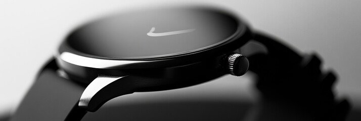 Poster - Close-up of a modern smartwatch showcasing a clean monochrome watch face with sleek design in a high-tech setting