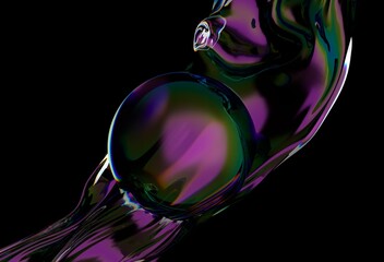 Aufkleber - Abstract 3D illustration with fluid, iridescent shapes in purples, greens, and blues. Glossy, dynamic surface with a modern, artistic look and flowing form.