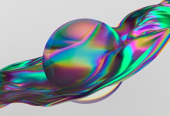 Poster - Mesmerizing 3D illustration featuring an iridescent wave flowing around a translucent sphere, showcasing vibrant colors in a surreal composition.