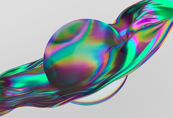 Poster - Vibrant 3D illustration showcasing a swirling iridescent wave enveloping a translucent sphere, creating a dynamic and futuristic visual effect.