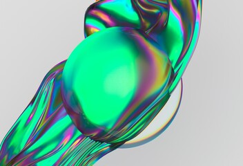 Poster - Vibrant 3D illustration showcasing a swirling iridescent wave enveloping a translucent sphere, creating a dynamic and futuristic visual effect.