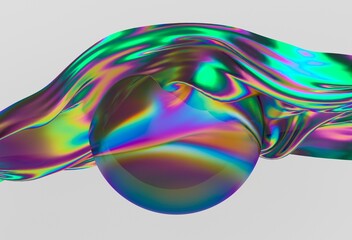 Poster - Vibrant 3D illustration showcasing a swirling iridescent wave enveloping a translucent sphere, creating a dynamic and futuristic visual effect.