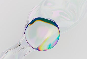 Poster - Delicate 3D illustration of a translucent sphere set against a soft, flowing iridescent background, creating an ethereal and minimalist aesthetic.