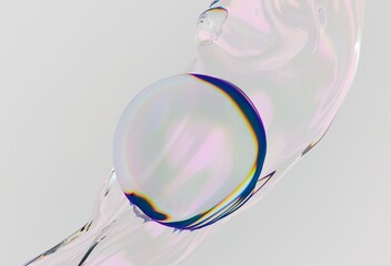 Poster - Delicate 3D illustration of a translucent sphere set against a soft, flowing iridescent background, creating an ethereal and minimalist aesthetic.