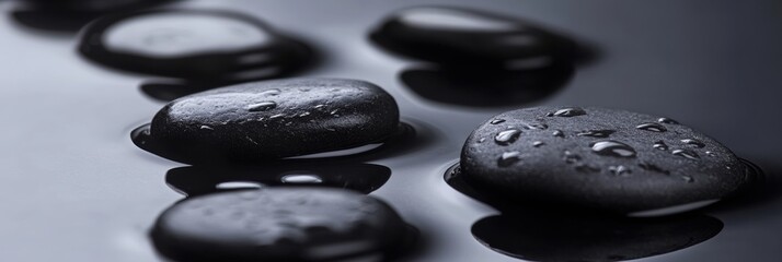 Aufkleber - Close-up of smooth black river stones on wet reflective surface highlighting soft lighting and deep contrast in a minimalist natural setting