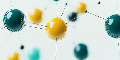 Wall Mural - abstract image of glossy spheres in teal and yellow, interconnected by thin lines, against a white b