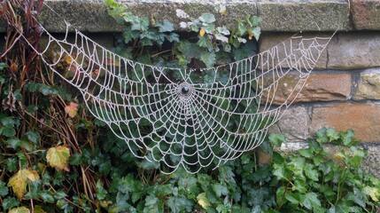 Spiderweb covered in dew or frost hangs against a brick