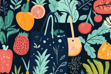 Poster - Reusable grocery bags filled with fresh produce celebrating sustainability and green living in a modern flat illustration Generative AI