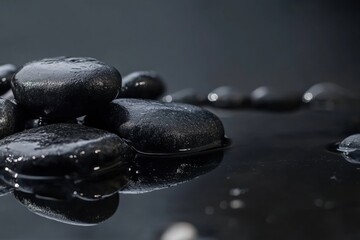 Poster - Close-up of smooth black river stones resting on a wet surface reflecting soft light with minimalist texture and deep contrast in nature