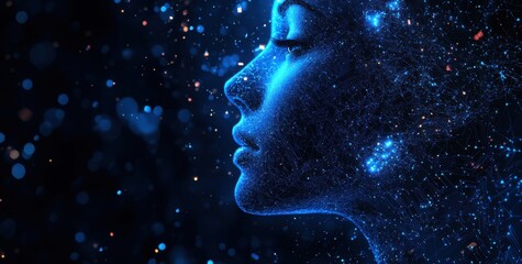 Wall Mural - futuristic digital face with glowing blue particles and neural patterns