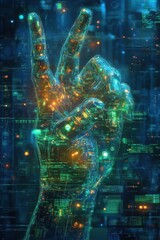 Wall Mural - futuristic digital illustration of a glowing cybernetic hand among neon lights
