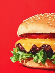 Aufkleber - Juicy cheeseburger with melted cheese, fresh toppings, and sesame bun showcased against a vibrant red background
