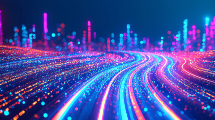 Wall Mural - City skyline with bright lights at night creating a lively urban atmosphere highlighted by the dazzling neon glow of modern architecture.