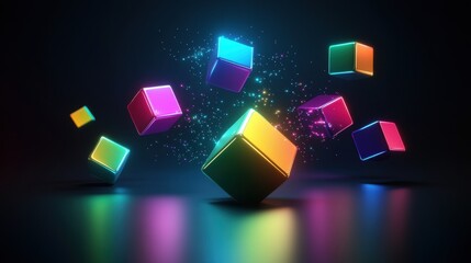 Leinwandbilder - Futuristic environment featuring floating colorful 3D cubes with soft reflections and vibrant neon color gradients in a minimalistic design