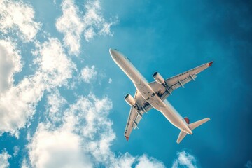 Aufkleber - Commercial airplane soars high in a clear blue sky surrounded by fluffy white clouds showcasing modern air travel
