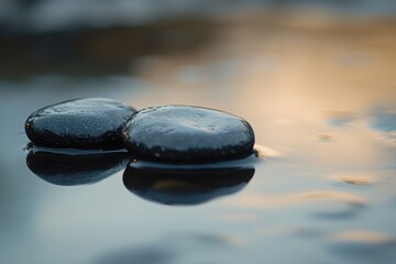Aufkleber - Close-up of smooth black river stones on a reflective surface with soft lighting creating deep contrasts in a minimalist nature setting