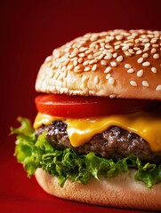 Aufkleber - Juicy cheeseburger with melted cheese, fresh lettuce, and tomato on a sesame bun, showcased against a vibrant red background