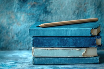 Poster - A stack of four blue vintage books topped with a wooden pencil, set against a textured blue background.