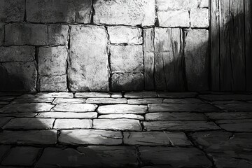 Poster - Monochrome depiction of a stone wall and floor, illuminated by a dramatic spotlight in an interior setting.