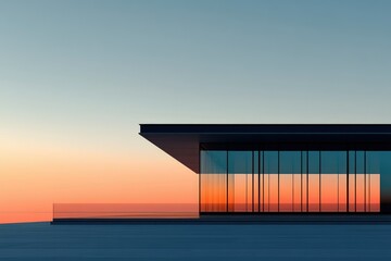 Fototapete - A minimalist building with large windows reflecting the sunset, set against a clear sky.