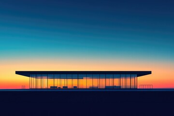 Aufkleber - Modern building with glass walls reflects a vibrant sunset, under a gradient blue sky, creating a serene and minimalist aesthetic.