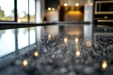Fototapete - Close-up of a dark granite countertop with blurred lighting and a window reflection, in a modern kitchen interior.