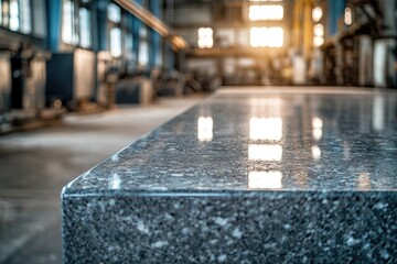 Aufkleber - Close-up of a smooth, speckled surface reflecting light in a blurred industrial setting, creating a modern and textured appearance.