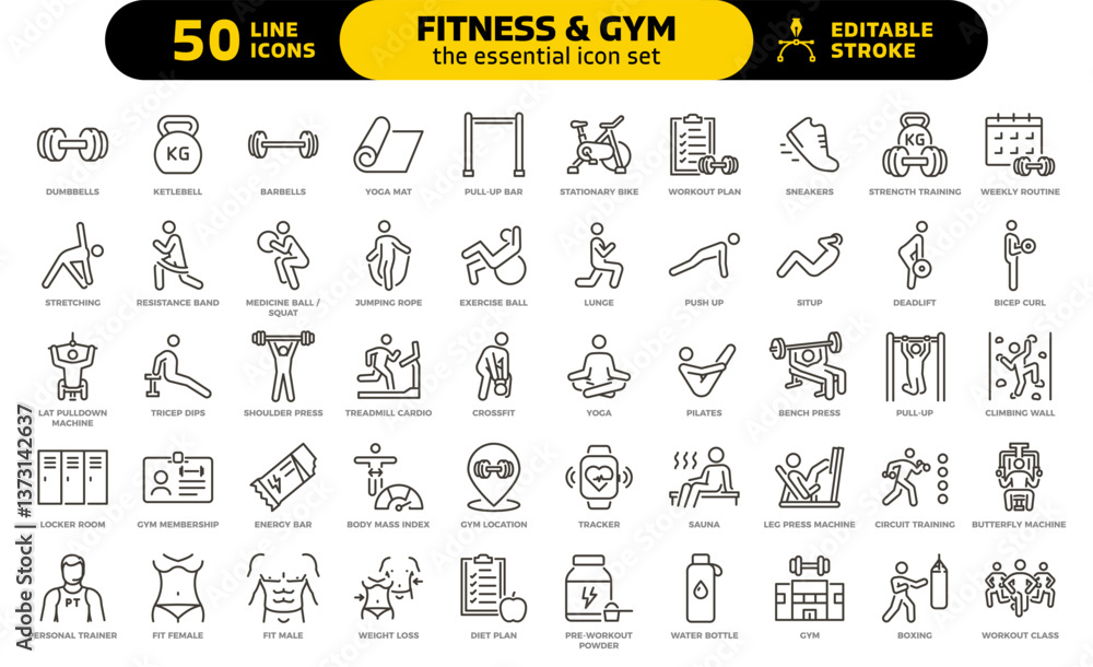 Body Strength Icon Fitness and gym icon set. Thin line editable stroke icons for workout ...