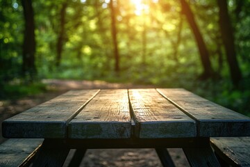 Wall Mural - a wooden picnic table sits invitingly in a sun-dappled forest, beckoning visitors to enjoy a tranqui