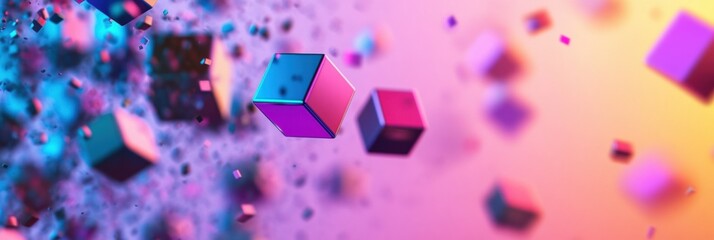 Aufkleber - Futuristic minimalistic style featuring colorful 3D cubes floating in vibrant neon gradients with soft reflections in a digital space