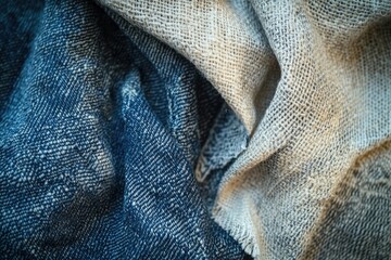 Aufkleber - Close-up shot of folded and textured natural fiber fabrics in blue and beige, showcasing intricate woven patterns.