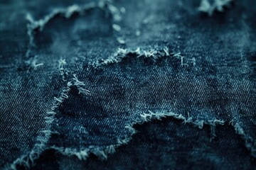 Aufkleber - Close-up of distressed blue denim fabric with frayed edges and visible threads creates a textured, rustic pattern.