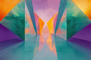 Fototapete - Abstract corridor with vibrant triangular panels reflecting in water, creating a surreal perspective towards a distant light.