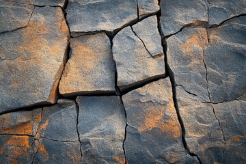 Leinwandbilder - A close-up captures the stark beauty of cracked, textured rocks with hints of orange oxidation, showcasing natural patterns and textures.