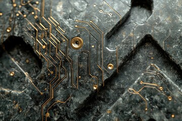 Poster - Close-up shot of a computer motherboard with metallic gold circuits embedded in a textured, gray stone-like material, creating a futuristic and technological design.