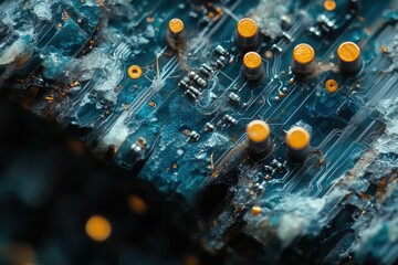 Poster - Close-up of a weathered, blue-toned circuit board with visible components, resembling geological formations and hinting at technological decay or futuristic archaeology.