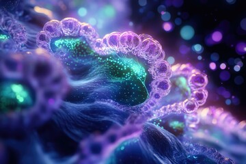 Poster - A microscopic view of cells with glowing dots and intricate blue, purple, and green structures resembling microscopic organic life.
