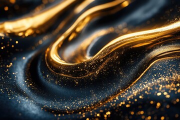 Poster - Abstract golden waves flowing smoothly over a dark, shimmering surface with sparkling highlights and a luxurious feel.