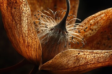 Poster - A close-up shot of a withered flower head, revealing intricate details and textures in warm, autumnal tones.