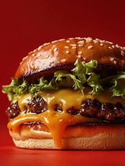Aufkleber - Juicy cheeseburger with melted cheese and fresh toppings against a vibrant red background