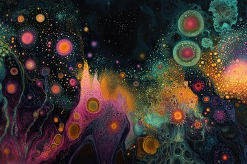 Abstract organic shapes with vivid colors create an otherworldly and textured landscape reminiscent of microscopic life or nebulae.