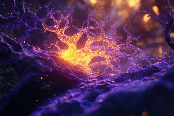 Poster - A glowing neural network structure amidst a textured purple landscape under the soft, diffused light.