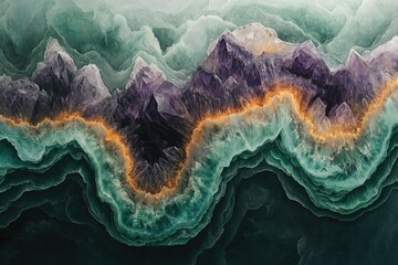 Leinwandbilder - Abstract geological formation featuring purple crystals, green textures, and a golden light outlining the formations.
