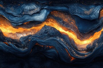 Aufkleber - Abstract landscape with flowing gold amidst dark, layered rock formations, creating a sense of powerful geological activity and visual contrast.